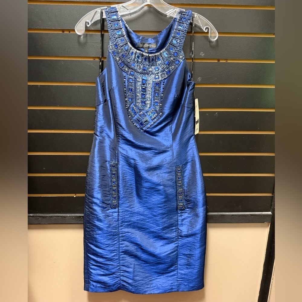 Sue Wong Nocturne Blue Ruched Beaded Cocktail Dress Size 6 NWT